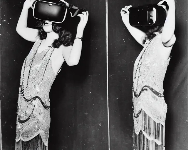 Image similar to 1 9 2 0 s photo of a flapper girl wearing a vr headset on a stage in a speakeasy