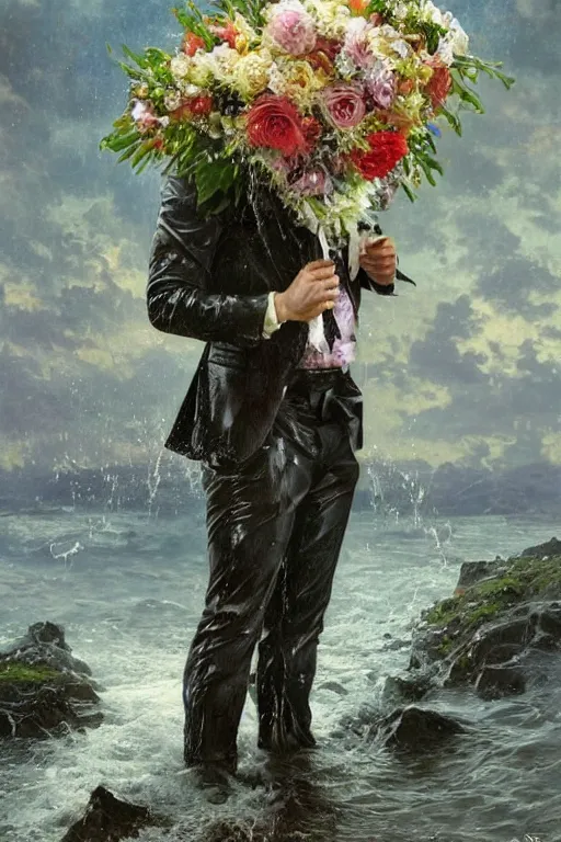 Prompt: portrait pitbull mr. worldwide holding a bouquet of flowing flowers, drenched body, wet dripping, hands hidden under the bouquet, emerging from the water, fantasy, regal, intricate, by stanley artgerm lau, greg rutkowski, thomas kindkade, alphonse mucha, loish, norman rockwell