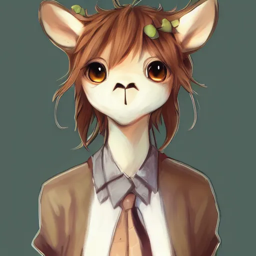 Image similar to full headshot portrait of little anthropomorphic giraffe, green eyes, light brown fur, light hair, drawn by wlop, by avetetsuya studios, attractive character, colored sketch anime manga panel, cirno from touhou, trending on artstation