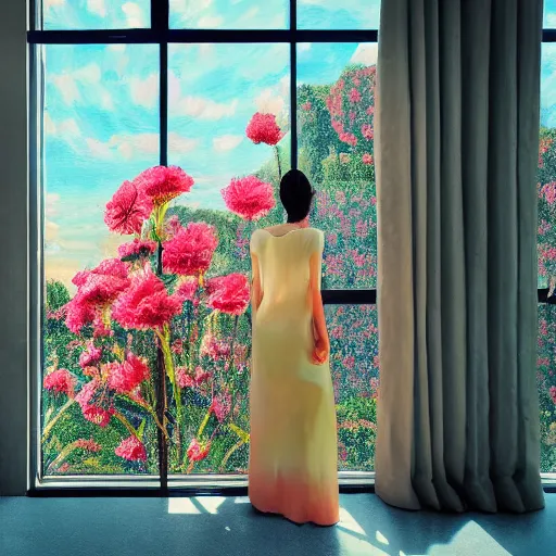 Image similar to giant carnation flower head, woman walking next to modern window in luxury apartment, surreal photography, sunlight, impressionist painting, digital painting, artstation, simon stalenhag