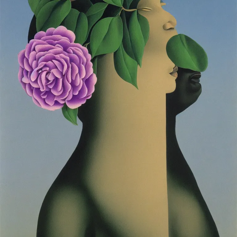 Image similar to portrait of a faceless lavender and camellia flower - head black woman by rene magritte, detailed painting, distance, centered, hd, hq, high resolution, high detail, 4 k, 8 k