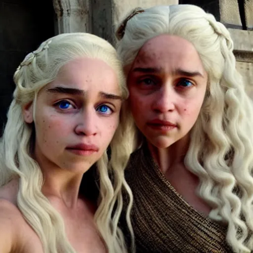 Image similar to a selfie of daenerys targaryen and daenerys targaryen, medium shot, detailed eyes,