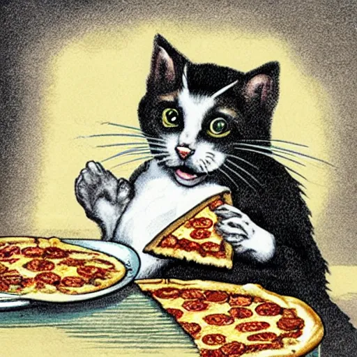 Prompt: cat eating pizza, vintage illustration