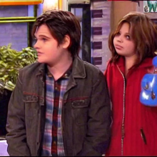 Prompt: a screenshot of Gerard Way talking with Carly in ICarly (2007), vhs quality low quality