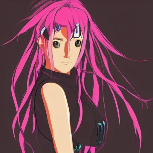 Prompt: upper body portrait of a beautiful girl with long Neon hair, wearing black riot gear, holding a whip, drawn by Makoto Shinkai, in the style of Studio Ghibli , attractive character, colored sketch anime manga panel, trending on Pixiv