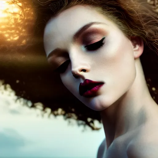 Image similar to photographic portrait of a stunningly beautiful renaissance female, dark lips and eye shadow, in soft dreamy light at sunset, god rays, contemporary fashion shoot, by edward robert hughes, annie leibovitz and steve mccurry, david lazar, jimmy nelsson, breathtaking, 8 k resolution, extremely detailed, establishing shot, artistic, hyperrealistic, perfect face, octane render