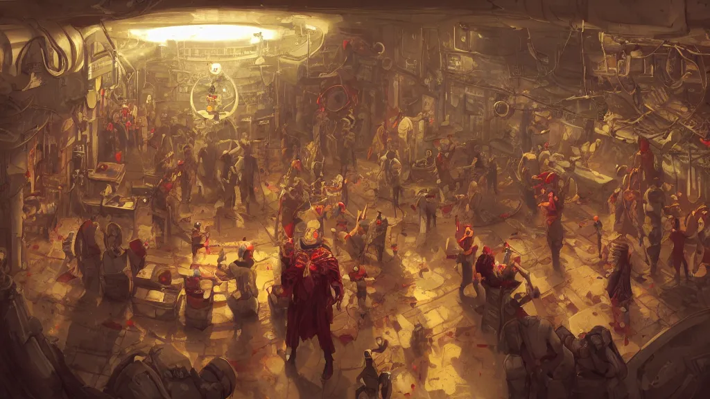 Prompt: a bar located in a bustling space station, blood on the floor and people rushing down the hallways, a red alert blares, a clown is in the center of the bar causing trouble, fantasy, marc simonetti, anato finnstark, randy vargas, diego gisbert llorens, bayard wu, fantasy concept art, trending on artstation, 4k,