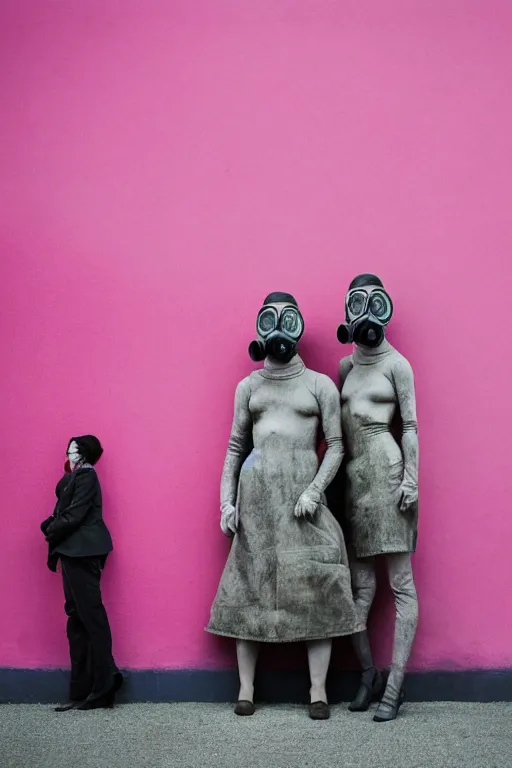 Image similar to a surreal portrait of intertwined and contorted figures wearing gas mask next to a pink wall in the style of brooke didonato, editorial fashion photography from vogue magazine, full shot, nikon d 8 1 0, ƒ / 2. 5, focal length : 8 5. 0 mm, exposure time : 1 / 8 0 0, iso : 2 0 0