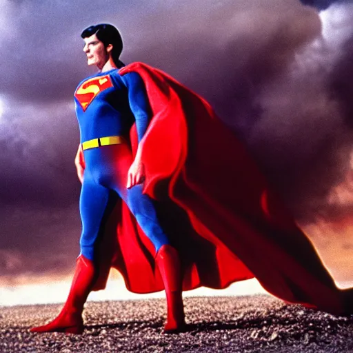Image similar to 3 5 mm photo of christopher reeve as superman in new movie