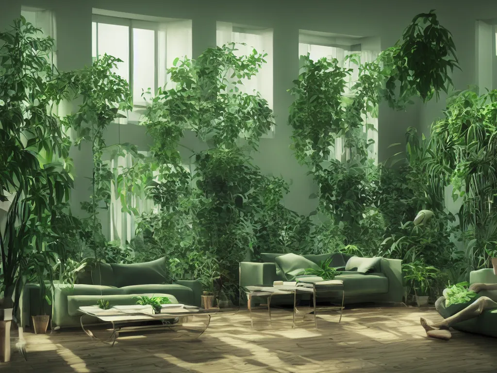 Image similar to comfy green living room with many plants, complicated liminal interior, Lynchian, unsettling, dreamlike with vapor clouds and painting by Henri Rousseau, 3D render by Beeple and Barry Chuckle, layered, parallax effect