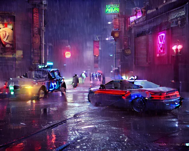 Prompt: police chase, night life, neon glow, heavy rain, deep focus, d & d, fantasy, intricate, elegant, highly detailed, digital painting, artstation, matte, sharp focus, illustration, hearthstone, art by artgerm and greg rutkowski and alphonse mucha