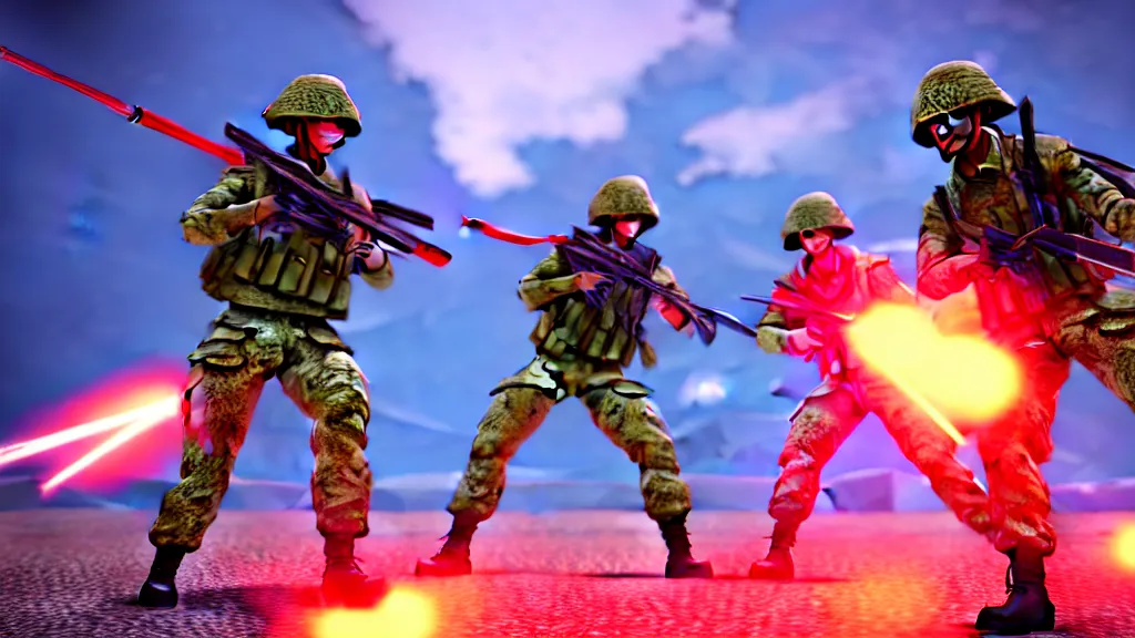 Image similar to two futuristic japanese soldiers firing away from the camera, eye catching composition, realistic, unreal engine 5, global illumination, detailed environment, bright colours, cinematic, atmosphere, 4 k