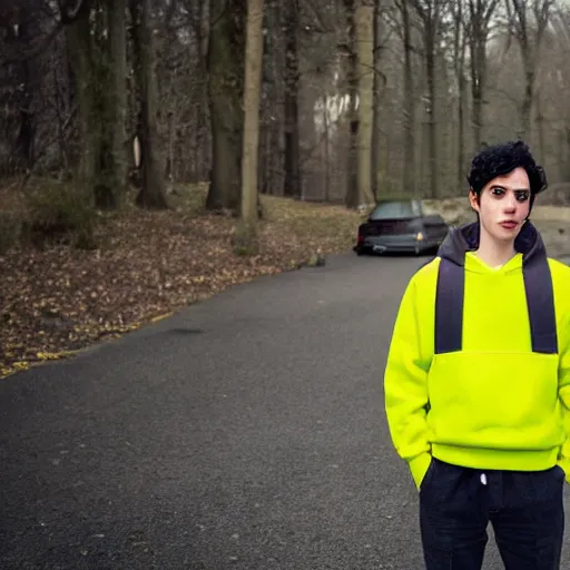 Prompt: a fine art portrait of a young man with black hair and an asymmetrical face. He has visible Bags under his eyes. He is wearing a high vis hoodie. In the style of Stanley Kubrick and Wes Anderson, Art directed by Edward Hopper.