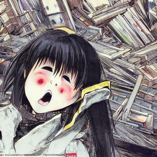 Prompt: cute japanese girl with small horns, sharp and pointy vampire teeth, dressed in an old white coat, praying on the floor of a destroyed library, with her eyes and mouth closed and a smile, detailed artwork by Yoji Shinkawa