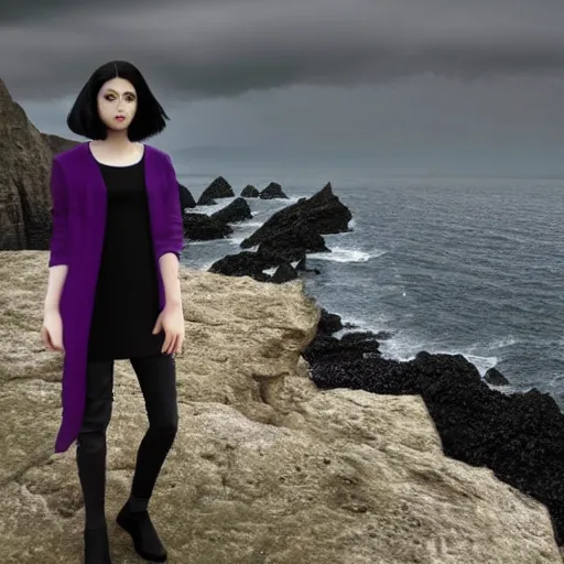 Image similar to 1 7 - year - old pale - skinned persian girl with black long bob cut, black gothic jacket, purple eyes, psychic girl, standing on cliff along the irish coast, overcast gray skies, ultra - realistic, sharp details, subsurface scattering, intricate details, cold lighting, highly detailed, photorealistic, octane render, 8 k unreal engine, art by artgerm