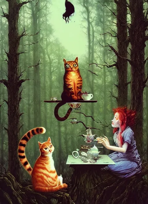 Image similar to cat having tea with a witch in the woods gorgeous lighting, lush forest foliage blue sky a hyper realistic painting by chiara bautista and beksinski and norman rockwell and greg rutkowski weta studio, and lucasfilm