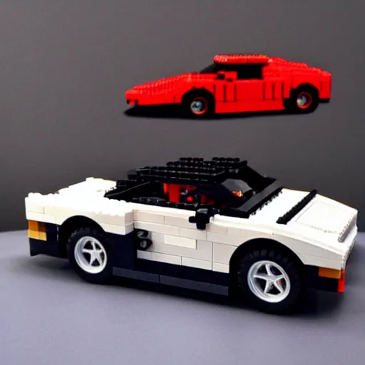 Prompt: red ferrari testarossa, outrun game, lego set