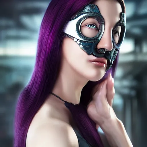 Image similar to photo of a gorgeous caucasian female with long dark purple hair in the style of stefan kostic, tank top, mask, realistic, cyberpunk, body shot, sharp focus, 8 k high definition, insanely detailed, intricate, elegant, art by stanley lau and artgerm, floating embers