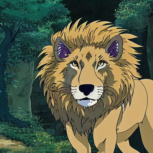 Prompt: a mix between a lion and a wolf, by studio ghibli