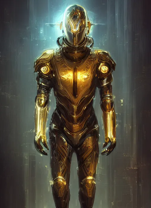 Image similar to portrait of handsome guy in cyber armor, dreamy and ethereal, expressive pose, gold eyes, exciting expression, fantasy, intricate, elegant, many lightning, cold color, highly detailed, digital painting, artstation, concept art, cyberpunk wearing, smooth, sharp focus, led, illustration.