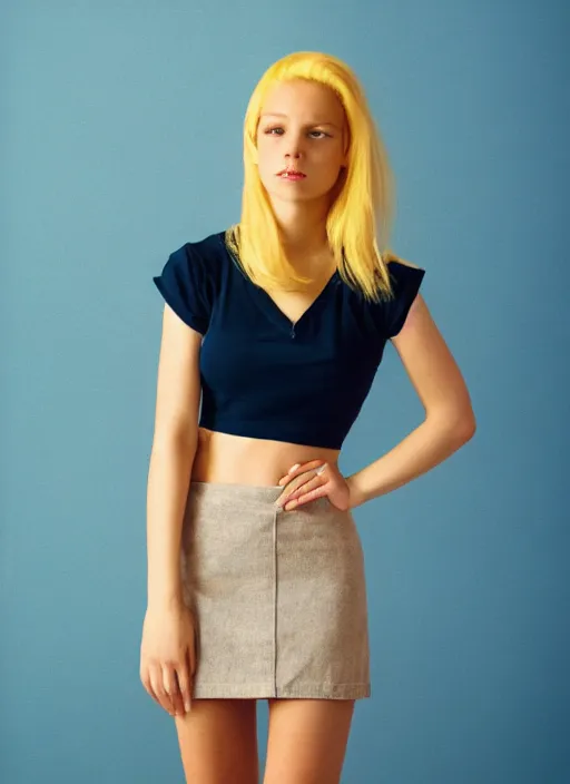 Prompt: kodak portra 400, photography of a beautiful woman with blond hair, cute top, miniskirt , Low key lighting, photographed by nina masic, high quality,complementary colors ,photo-realistic, sigma art 85mm