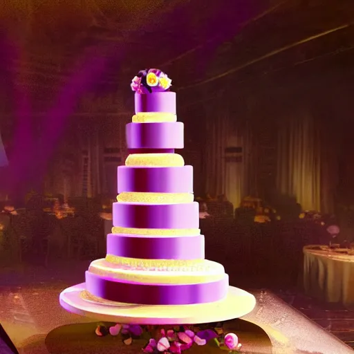 Prompt: a 3 meters-high wedding cake made only of purple tomatoes, beautfiul lighting, cinematic, style of blade runner 2049, hyper detailed, ultra realistic, 8k, trending on art station