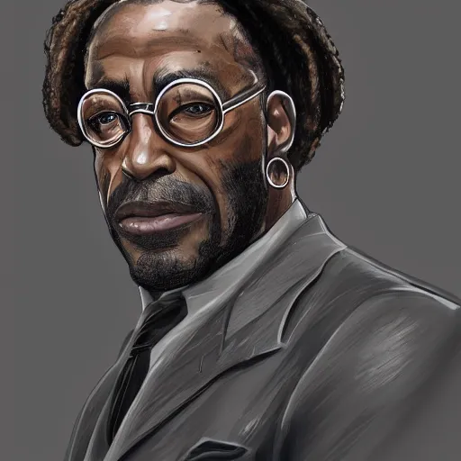 Image similar to a portrait of a muscular older black man with cornrows and a suit with a monocle on, D&D, sci-fi, elegant, hopeful, muscular, highly detailed, digital painting, artstation, concept art, smooth, sharp focus, illustration