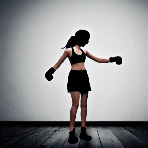 Prompt: boxer girl fighting her shadow in a creepy room, dark ominous