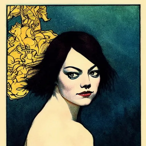 Prompt: emma stone portrait by louis - theophile hingre, zodiac, tarot cards, planets, ethereal, art nouveau