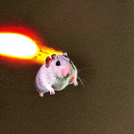 Prompt: a photo of a hamster flying using a jetpack while launching missiles at the camera