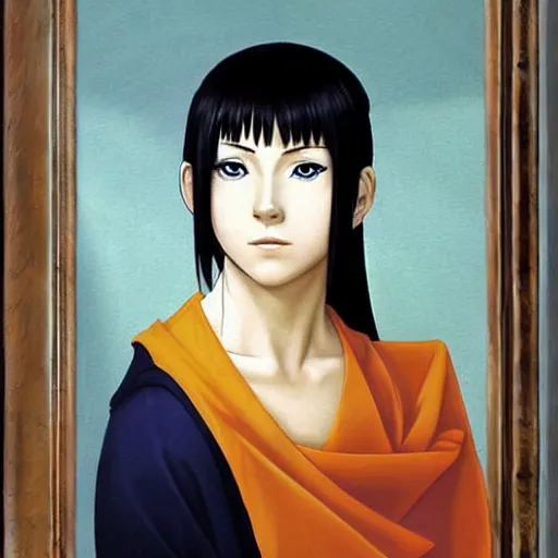 Image similar to hinata hyuga from naruto, painting by caravaggio