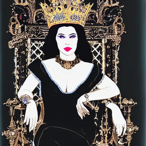 Image similar to a beautiful black haired woman with pale skin and a crown on her head sitted on an intricate metal throne, sharp focus, 8 k, cg, style by andy warhol