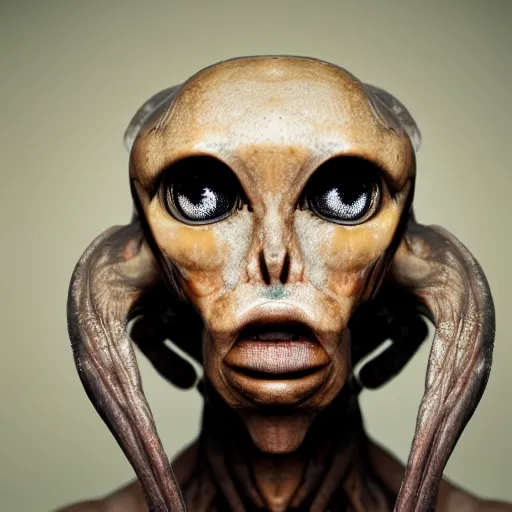 Image similar to portrait shot of a humanoid alien by swiridoff, award - winning, sothebys, fine art photography