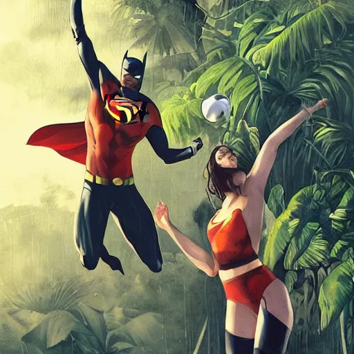 Prompt: batman and superman are playing volleyball in a jungle, volleyball in the air, volleyball net, in the style of greg rutkowski and artgerm, high detail