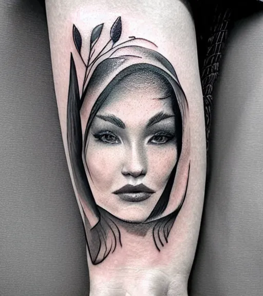 Prompt: tattoo design sketch of a perfect woman face with a faded background of beautiful mountains and nature on her side, hyper - realistic, in the style of den yakovlev, amazing detail, black and white