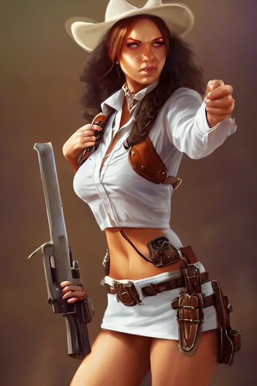 Prompt: full body, female cowgirl, perfect face, white blouse, empty gun holster, 8 k, magic the gathering, desert, d & d, artstation, high detail, smooth, muscular