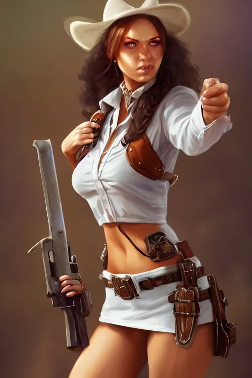 Full Body Female Cowgirl Perfect Face White Blouse Stable Diffusion