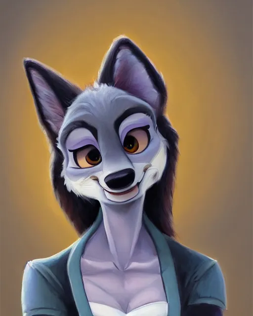 Image similar to oil painting of anthromorphic female wolf, in style of zootopia, zootopia, zootopia, fursona, furry, furaffinity, 4 k, deviantart, furry art, fursona art, wearing black business suit, business suit, in style of zootopia, wolf fursona, cyberpunk, female, expressive detailed feminine face,