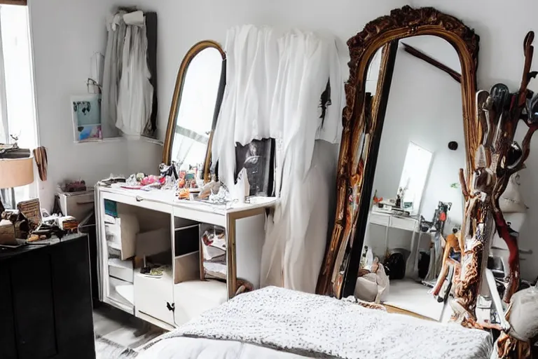 Image similar to a messy bedroom with several tall mirrors, well lit, studio photo