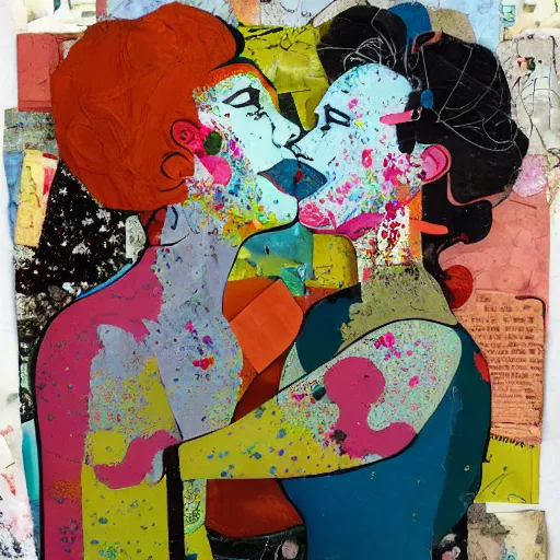 Image similar to two dream women kissing at a carnival made of love, mixed media collage, retro, paper collage, magazine collage, acrylic paint splatters, bauhaus, abstract claymation, layered paper art, sapphic visual poetry expressing the utmost of desires by jackson pollock