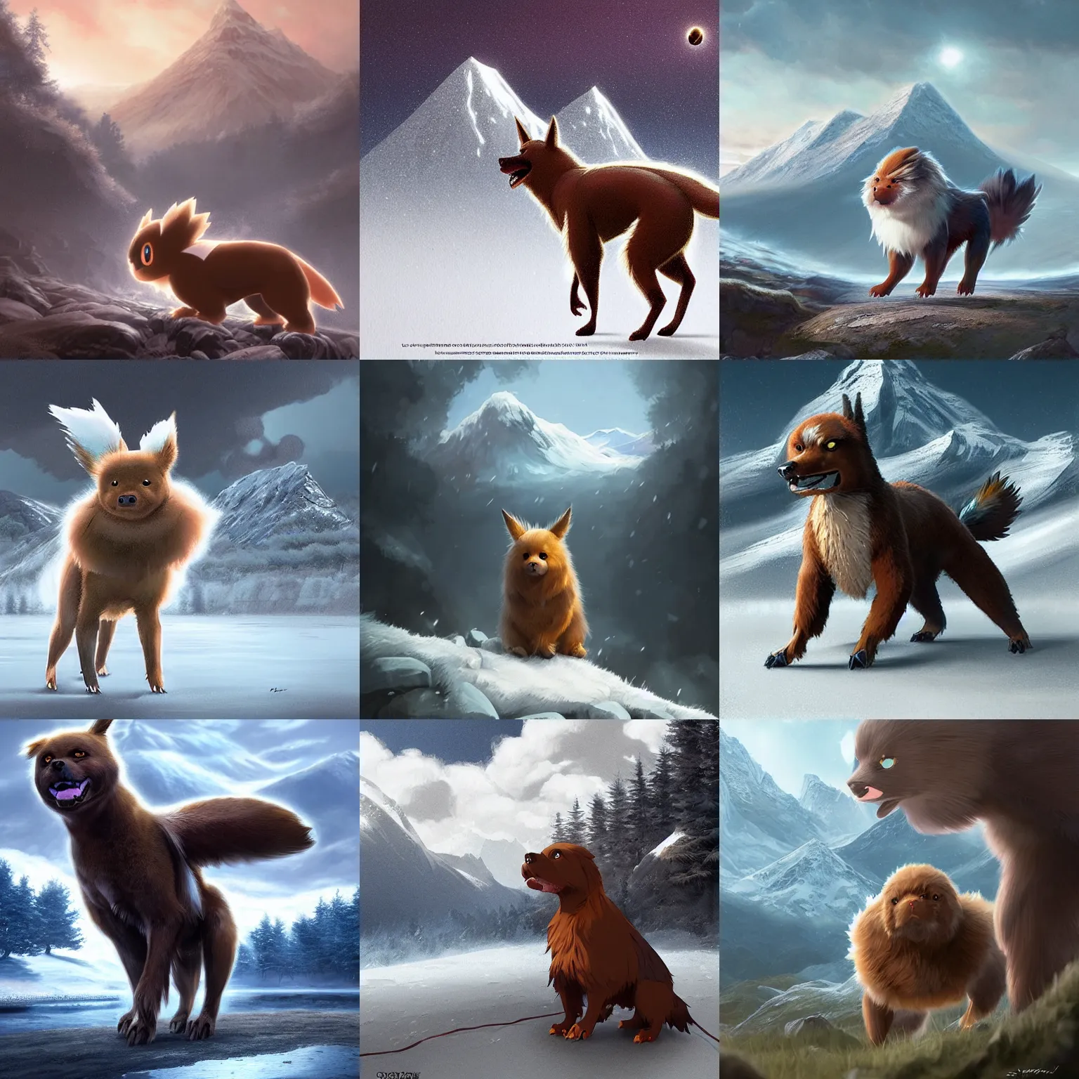 Prompt: a beautiful electric type pokemon, brown dog with fluffy grey feathers, full body shot, highly detailed digital art, 3 d perspective, award - winning illustration, aesthetic, epic, smooth, pokemon style, made by greg rutkowski, with snowy mountain landscape in the background