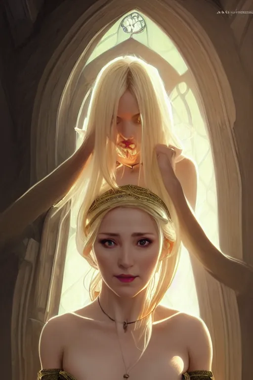 Image similar to Portrait of seductive female priest, D&D, revealing stylish dress, choker on neck, long blonde hair, mouth slightly open, slight nerdy smile, fantasy, intricate, elegant, highly detailed, digital painting, artstation, concept art, smooth, sharp focus, illustration, art by artgerm and greg rutkowski and alphonse mucha