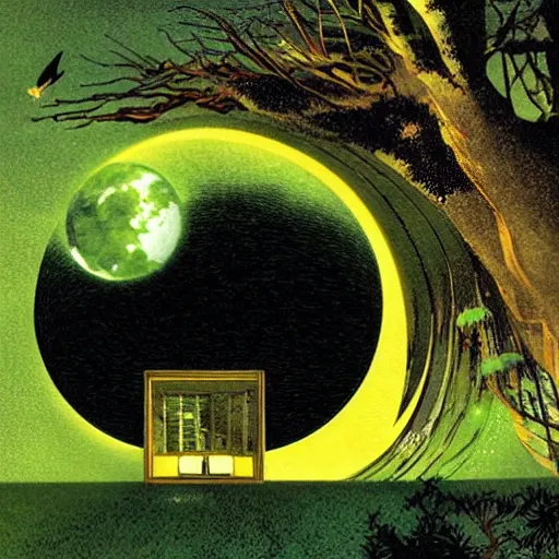 Prompt: A solar lush House in the woods, by Dave McKean and Studio Ghibli