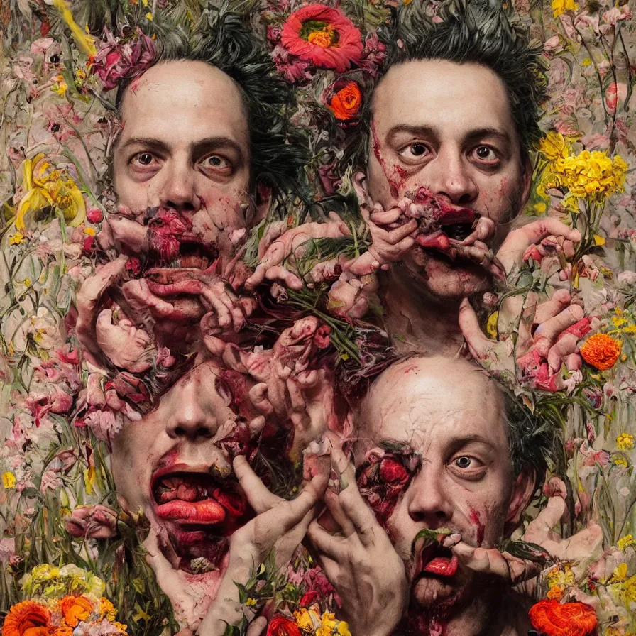 Prompt: male portrait of todd solondz eating babies and puking blood, surrounded by flowers by francis bacon, karol bak, james jean, tom bagshaw, rococo, trending on artstation, cinematic lighting, hyper realism, dramatic, emotional, octane render, 8 k, hyper detailed.