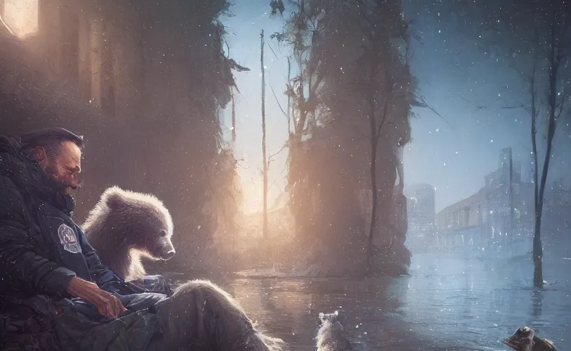 Prompt: highly detailed portrait of joe biden as a homeless, talking to his bear reflection, stephen bliss, unreal engine, fantasy art by greg rutkowski, loish, rhads, ferdinand knab, makoto shinkai and lois van baarle, ilya kuvshinov, rossdraws, tom bagshaw, global illumination, radiant light, detailed and intricate environment