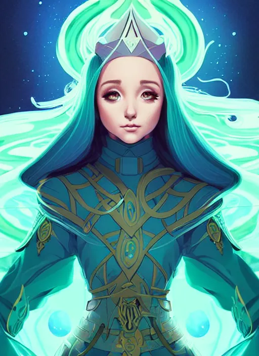 Image similar to style artgerm, joshua middleton, illustration, ariana grande as a high priestess wearing green pelt light armor, anime eyes, blue hair, swirling water cosmos, fantasy, dnd, cinematic lighting