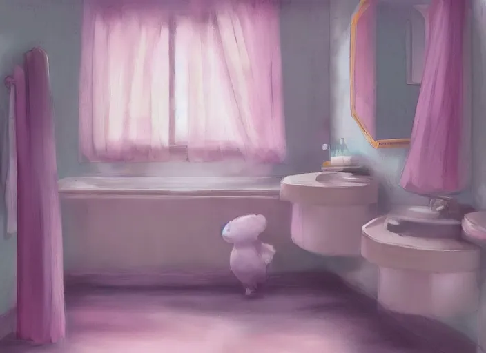 Image similar to placid pastel morning cute cluttered painterly fluffy tiny cramped bathroom trending on pixiv