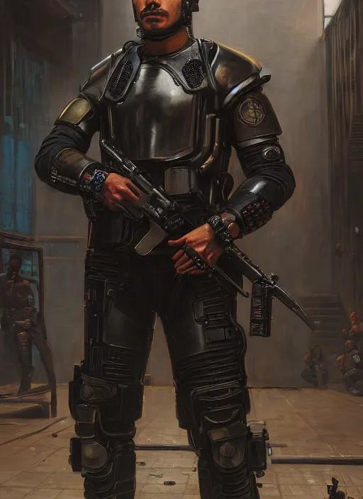 Image similar to Hector. cyberpunk Riot police wearing a military vest and military cyberpunk armor (cyberpunk 2077). Iranian orientalist portrait by john william waterhouse and Edwin Longsden Long and Theodore Ralli and Nasreddine Dinet, oil on canvas. Cinematic, hyper realism, realistic proportions, dramatic lighting, high detail 4k