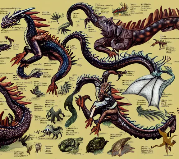 Image similar to an illustrated field guide to dragons showing examples of males and females of each spicies, biological illustrations, art by robert stebbins and terryl whitlatch and david sibley and john james audubon and charles darwin, highly detailed, intricately detailed, 8 k, trending on artstation