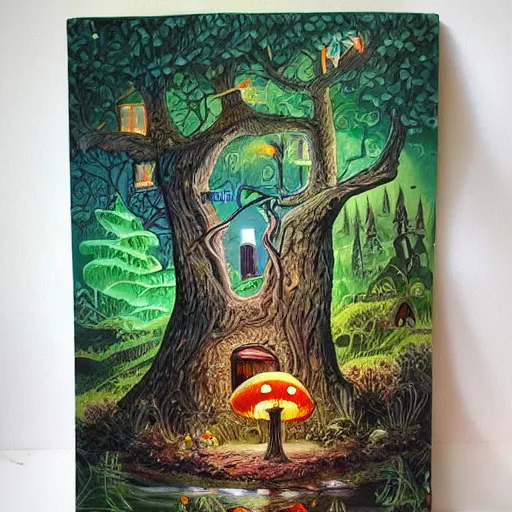 Prompt: acrylic painting , whole page illustration , art in the style of Terry Moore, a tiny village carved into the side of a tree, inhabited by elves and faeries, the outside lights are bioluminescent mushrooms and fungi intricately detailed